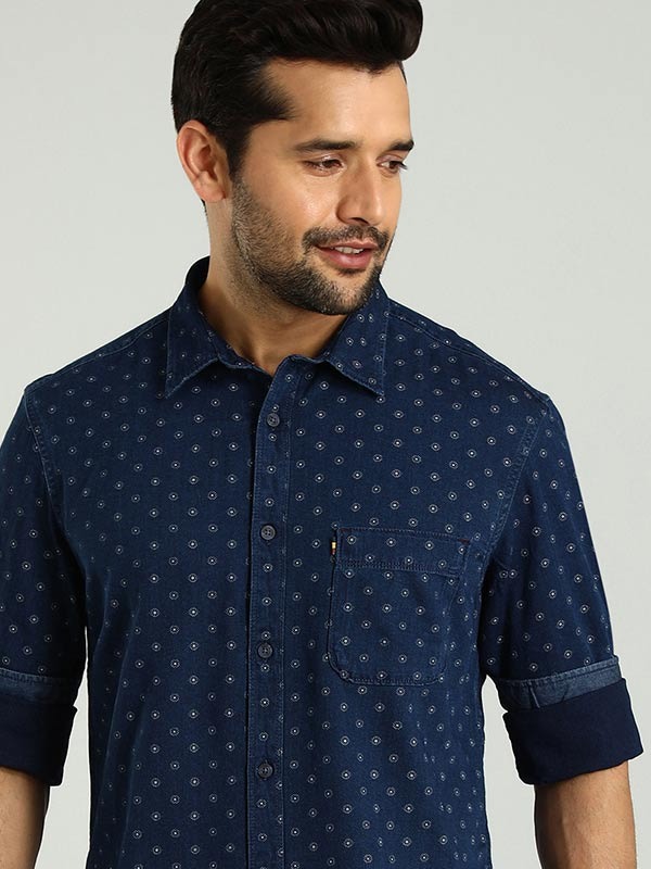 Indian Terrain Men's Regular Fit Full Sleeve Printed Dark Blue Shirt
